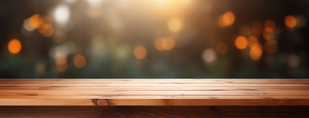 product poster mockup located on a wooden table outdoors, with bokeh in the backgroundの素材