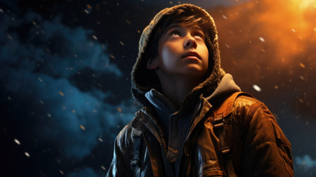 Wonder High-key lit image of a dreaming teenager staring up at the stars, wearing cosmic explorer jacket, encompassed by the vastness of space.の素材