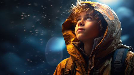 Wonder High-key lit image of a dreaming teenager staring up at the stars, wearing cosmic explorer jacket, encompassed by the vastness of space.の素材