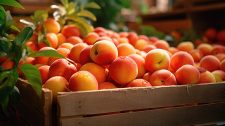 Fruit row at the market. Close-up of a box of apricots. National Apricot Day Concept.の素材