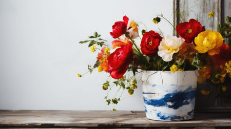 A vibrant collection of spring flowers in a hand-painted pot, a DIY Mother's Day gift.