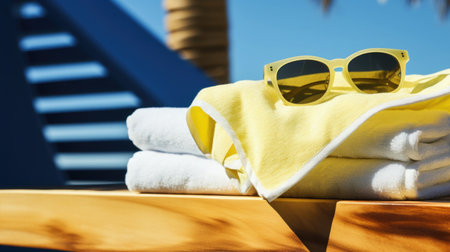 Lemon-colored beach towels draped over wooden loungers, the clear blue sky reflecting in a pair of sunglasses resting beside.の素材