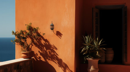 The rich terracotta walls of a seaside villa glowing in the sunlight, with the bright blue sea peeking around the corner.の素材