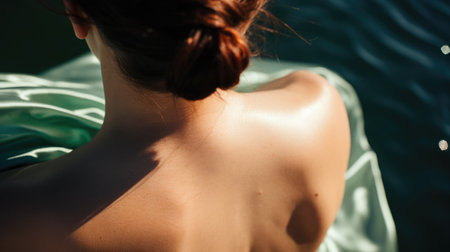The elegant curve of a woman's back, her skin glowing with a sun-kissed blush as she looks out over the blue-green lagoon.の素材