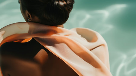 The elegant curve of a woman's back, her skin glowing with a sun-kissed blush as she looks out over the blue-green lagoon.の素材