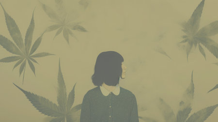 girl against the background of cannabis leaves, surrounded by morning haze, toned blurry imageの素材