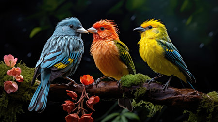 A small bird with bright plumage sits on a branch. National Bird Day concept.の素材