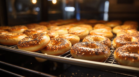 National Bagel Day: A behind-the-scenes look at a bagel shop, with fresh bagels being pulled out of the oven.の素材