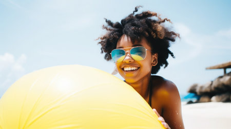 A playful moment as a girl sporting sea wave blue sunglasses poses with a large, whimsical yellow beach ball, the turquoise sea behind her sparkling under the bright summer sun.の素材