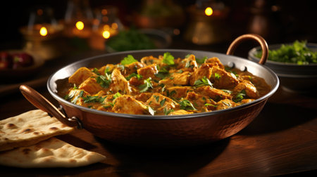 National Curried Chicken Day: A steaming bowl of curried chicken garnished with coriander on a dining table, with naan bread on the side.の素材