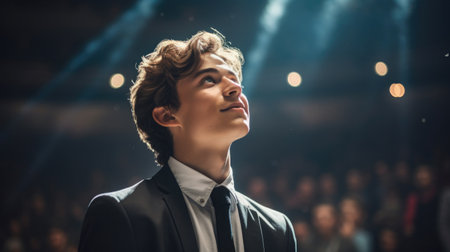 Photo of a teenager speaking at a school event on social issuesの素材