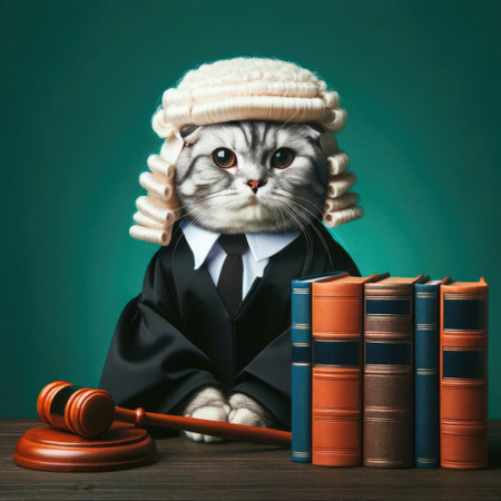 fluffy Persian cat in a judge's robe and a classic white wig, holding a tiny gavelの素材