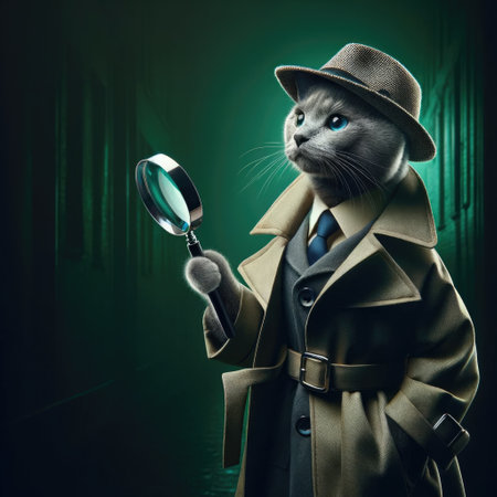 A Russian Blue cat dressed in a detective's trench coat and fedora hat, holding a magnifying glass, with a mysterious expression. The cat is in a dimly lit alleyway setting. The background is a solid emerald green, enhancing the detective theme.の素材