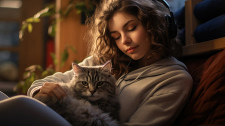teenager with a pet, finding comfort and emotional support.の素材