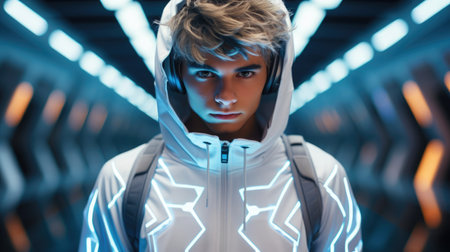 Photo of a teenager using advanced tech gadgets, dressed in futuristic attire.の素材