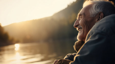 Smiling elderly fisherman catches fish, blurry lake scene at dawn. Conscious longevityの素材