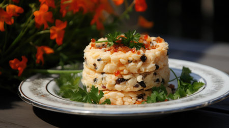 Smorgastarta - Swedish sandwich cake, layers of seafood and cream cheese, garnished with fresh herbs.の素材