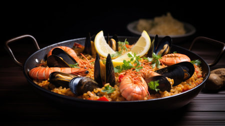 Spanish Paella with seafood, colorful and rich in a traditional pan.の素材