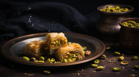 Turkish Baklava with pistachios, golden and flaky on a vintage plate.の素材