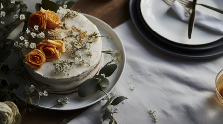 A beautiful Mother's Day cake adorned with edible flowers, set upon a festive table.の素材