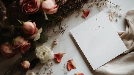 A handcrafted Mother's Day card surrounded by scattered flower petals, with a heartfelt, copy space.の素材