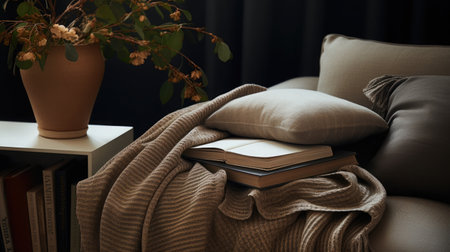 A serene corner of a home with a cozy armchair, a stack of novels, and a soft throw blanket, prepared for a Mother's Day of relaxation and reading.の素材