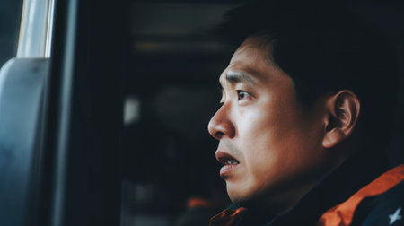 Asian emergency responder in an ambulance, urgency in a life-saving scenario.の素材