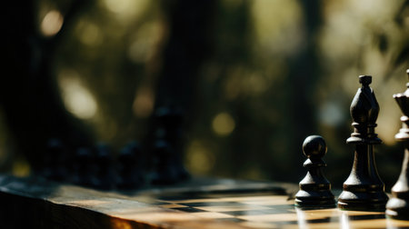 Close-up of a chess game in the park, blurred background of trees and paths.の素材