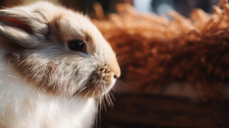 Close-up of a bunny rabbit, blurred background of Easter decorations.の素材