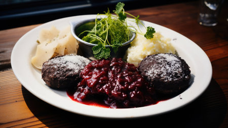 Biff la Lindstrom - Swedish hamburger steak, capers and beetroot mixed in, diner-style presentation.の素材