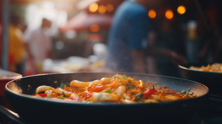 Close-up of a vibrant street food dish, blurred background of a bustling market.の素材