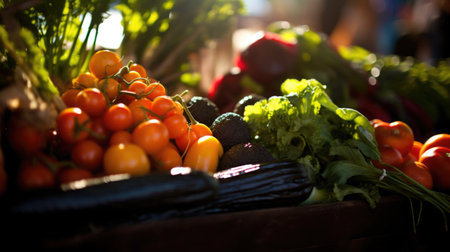 A close-up of a busy farmers market, with sunlight highlighting the colors of the fresh produce. Veganuary monthの素材