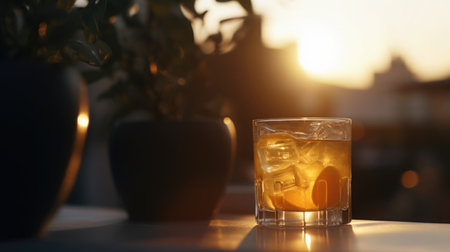 Close-up of a refreshing summer cocktail, blurred background of a sunset terrace.の素材