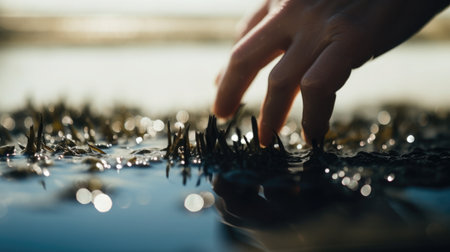 Close-up of a hand delicately planting young seaweed shoots on an underwater farm, bubbles rising to the surface.の素材