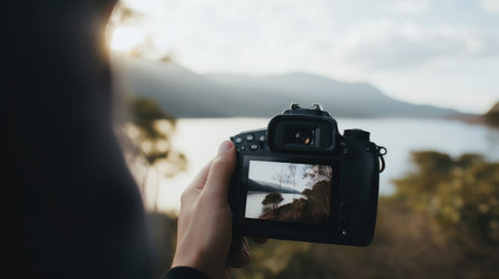 Close-up of a digital camera taking a photo, blurred background of a picturesque landscape.の素材