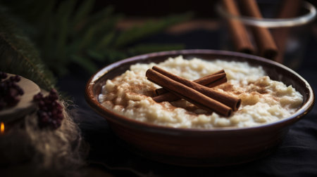 Risengrod is a Danish rice pudding, a classic Christmas dish topped with a cinnamon stickの素材