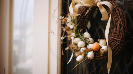Handcrafted Easter wreath on a door, blurred background of a quaint neighborhood street.の素材