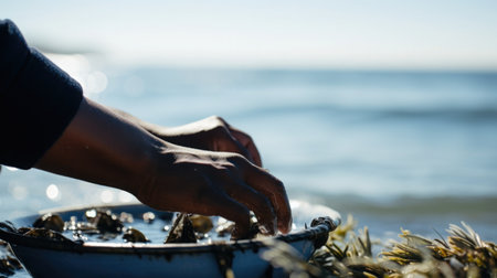 Close-up of hands collecting seaweed, with a clear blue ocean horizon in the background.の素材