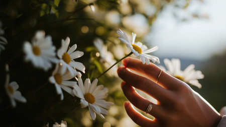 Close-up of a woman's hand holding a daisy, blurred greenery.の素材