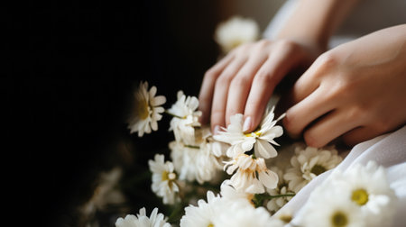 Close-up of a woman's hand holding a daisy, blurred greenery.の素材