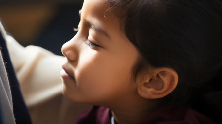 Close-up of a Hispanic child receiving a vaccine, comforting presence of a medical professional.の素材