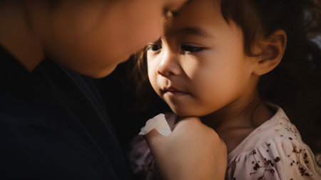 Close-up of a Hispanic child receiving a vaccine, comforting presence of a medical professional.の素材