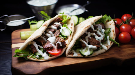 Greek Gyros with tzatziki sauce, open layout on a wooden board.の素材