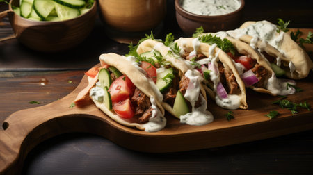 Greek Gyros with tzatziki sauce, open layout on a wooden board.の素材