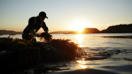 Harvested seaweed being rinsed in the ocean water by farmers, with the sun setting on the horizon.の素材