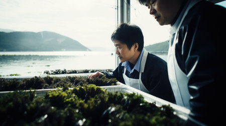 Technicians monitoring the growth of seaweed in an offshore aquaculture facility, with technology integrated into the natural seascape.の素材