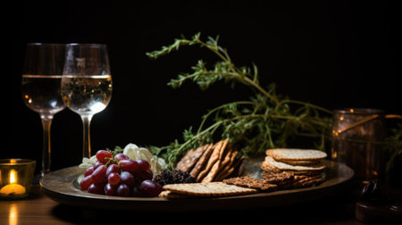 A close-up of a Seder plate holding symbolic foods like charoset, bitter herbs, and a shank bone, with a background of matzah and wine glasses, capturing the essence of Passover ritualsの素材