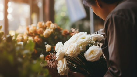 Florist arranging bouquet of fresh flowers, blurred flower shop background.の素材