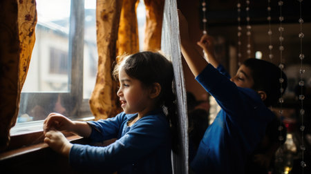 Children joyfully participating in the Passover tradition of searching for the Afikoman, with a living room playfully decorated with symbols of the holidayの素材