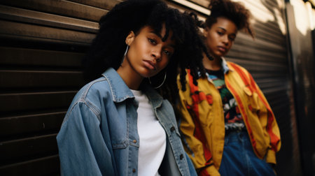 A 90s fashion photo shoot, with models in iconic 90s outfits, including denim, flannels, and bright prints, against a backdrop of 90s urban graffiti and street art, highlighting the era's fashion trendsの素材